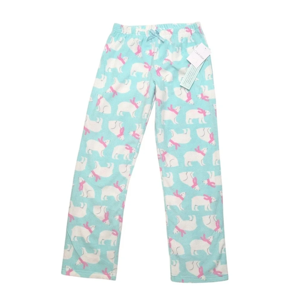 NWT Calvin Klein Pajama Pants Girl L 10-12 Aqua Blue Polar Bear Fleece Sleepwear